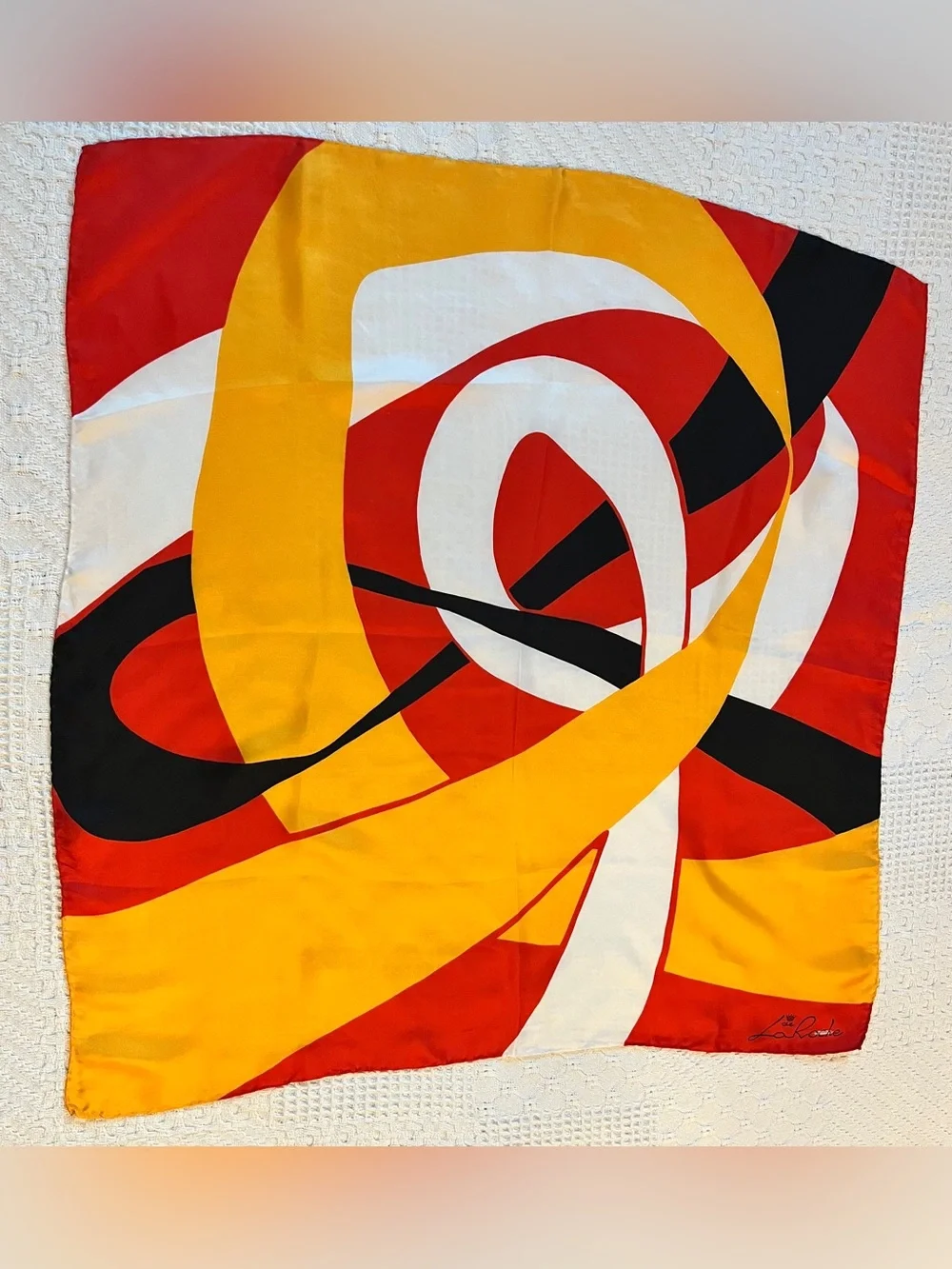 Vintage De La Roche Silk Scarf with Hand-Rolled Hem
